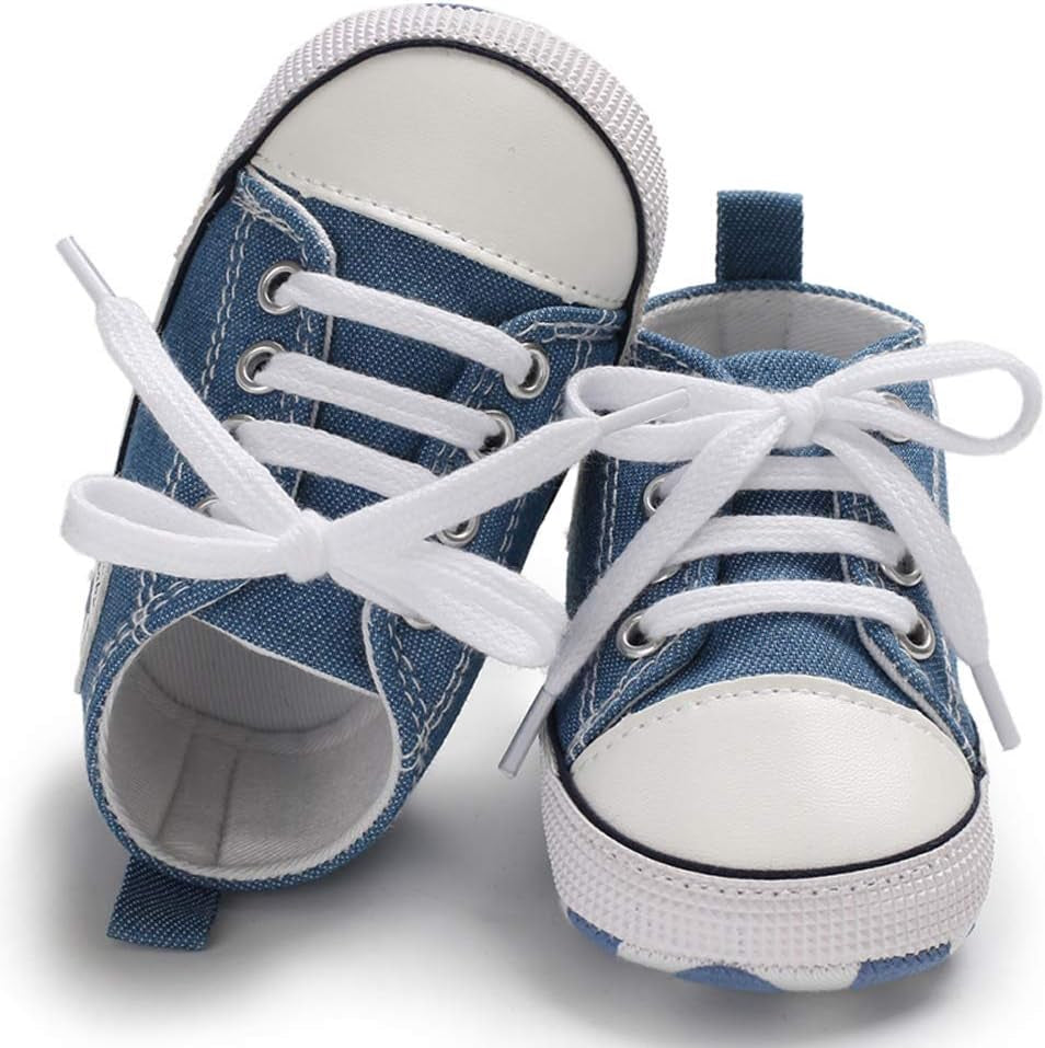 Unisex Baby Boys Girls High Top Sneaker Soft Anti-Slip Sole Newborn Infant First Walkers Canvas Denim Shoes-Bella’s Baby Boutique