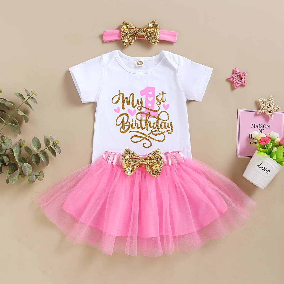 Baby Girl Birthday Cake Smash Outfit Toddler Girl My 1St Birthday Romper Tutu Skirt with Headband Clothes Set-Bella’s Baby Boutique