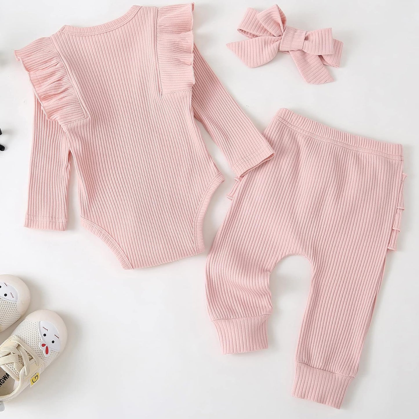 Baby Girl'S 3Pc Rib Frill Long Sleeve Romper and Pant Set-Bella’s Baby Boutique