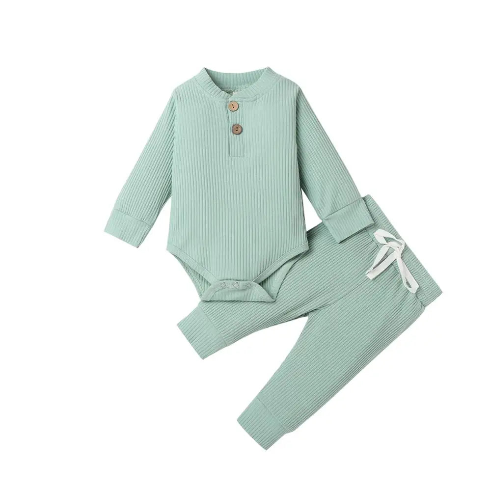 Infant Newborn Baby Girl Boy Spring Autumn Ribbed/Plaid Solid Clothes Sets Long Sleeve Bodysuits + Elastic Pants 2Pcs Outfits-Bella’s Baby Boutique