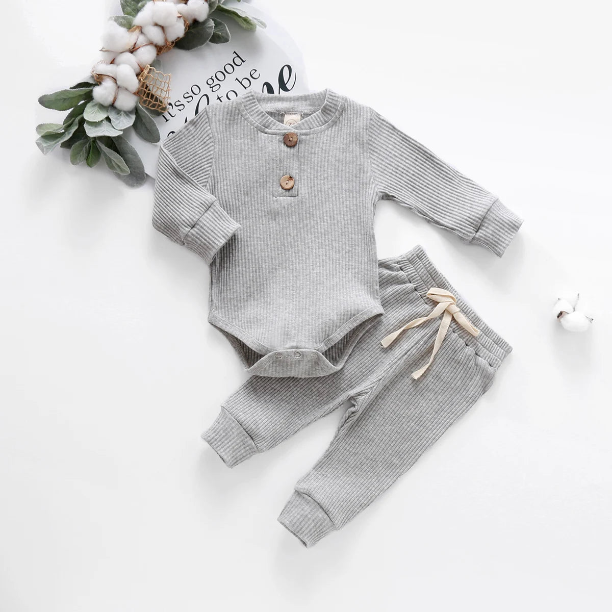 Infant Newborn Baby Girl Boy Spring Autumn Ribbed/Plaid Solid Clothes Sets Long Sleeve Bodysuits + Elastic Pants 2Pcs Outfits-Bella’s Baby Boutique