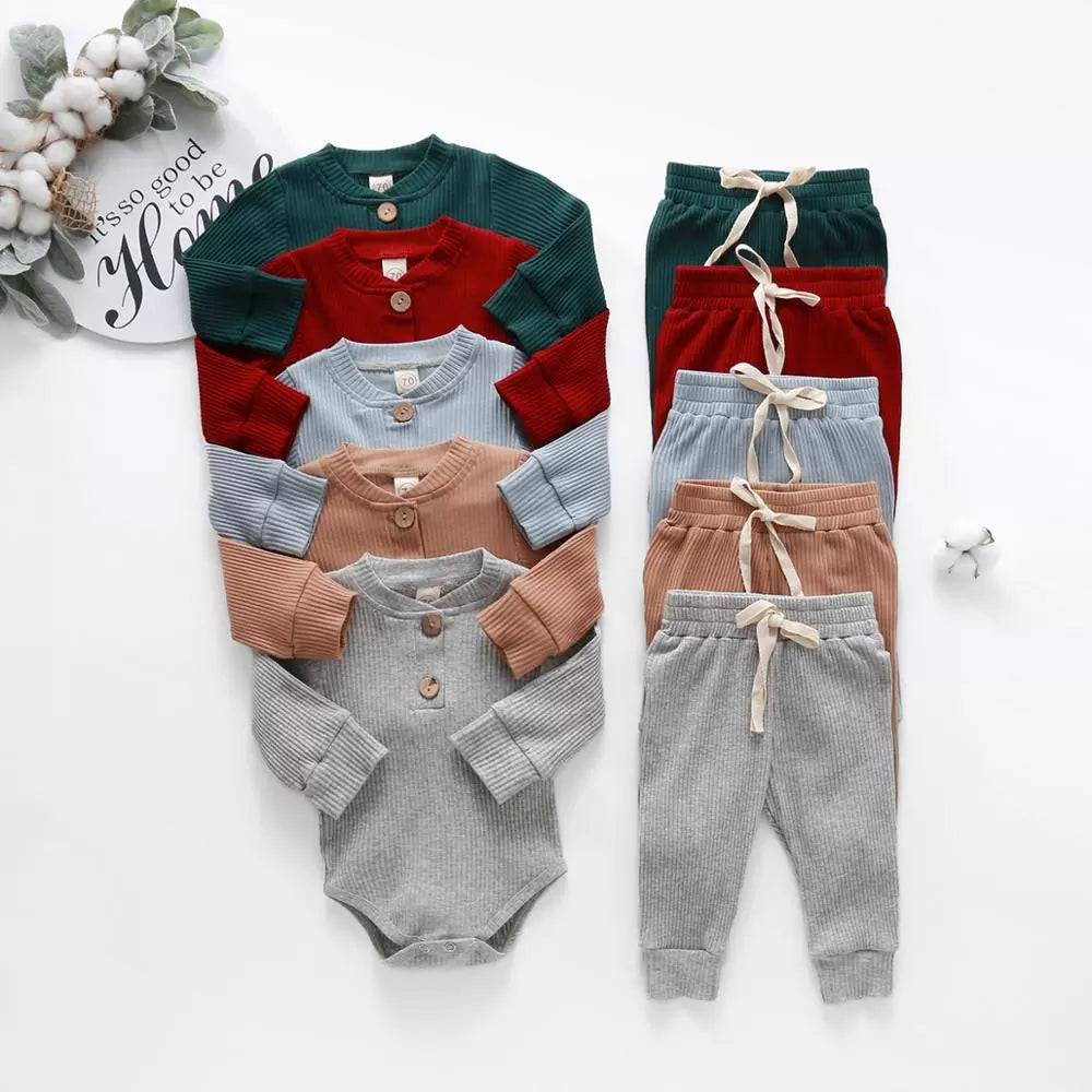 Infant Newborn Baby Girl Boy Spring Autumn Ribbed/Plaid Solid Clothes Sets Long Sleeve Bodysuits + Elastic Pants 2Pcs Outfits-Bella’s Baby Boutique