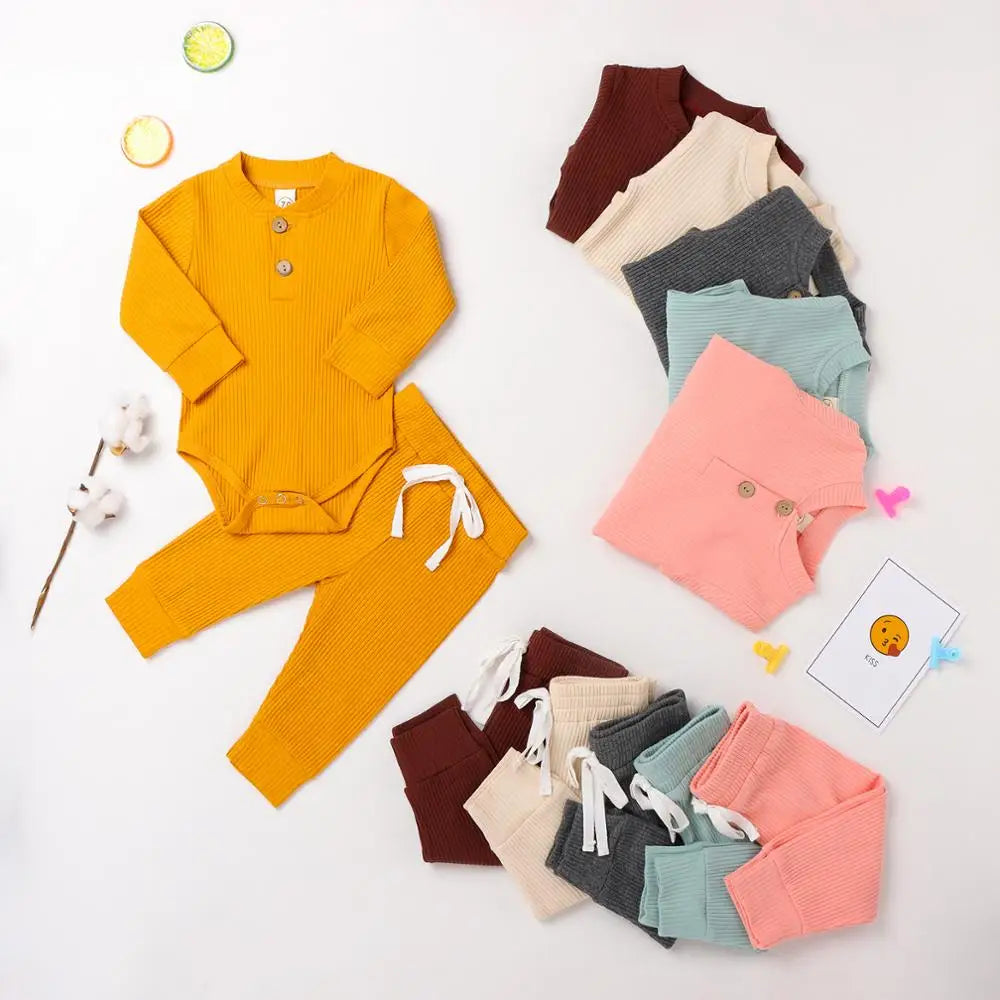 Infant Newborn Baby Girl Boy Spring Autumn Ribbed/Plaid Solid Clothes Sets Long Sleeve Bodysuits + Elastic Pants 2Pcs Outfits-Bella’s Baby Boutique