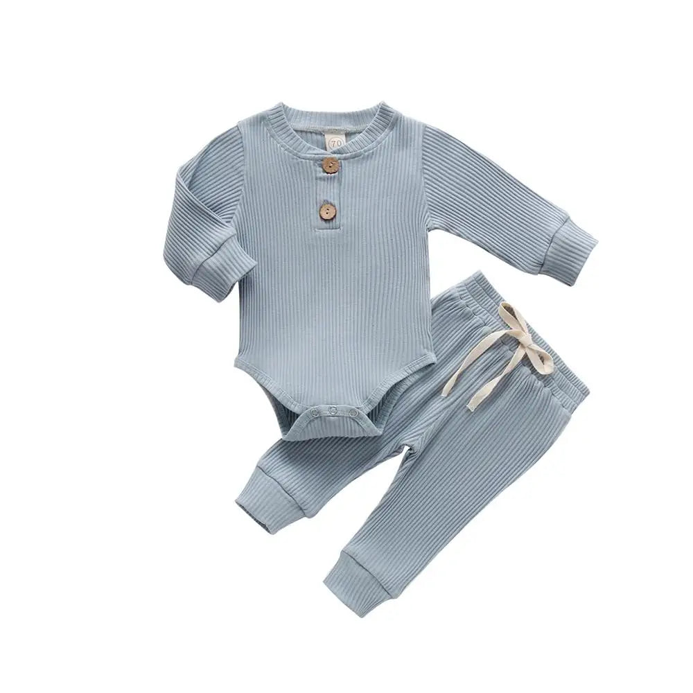 Infant Newborn Baby Girl Boy Spring Autumn Ribbed/Plaid Solid Clothes Sets Long Sleeve Bodysuits + Elastic Pants 2Pcs Outfits-Bella’s Baby Boutique