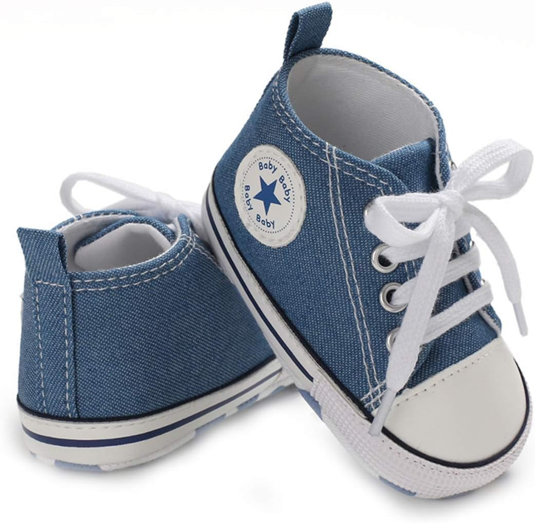 Unisex Baby Boys Girls High Top Sneaker Soft Anti-Slip Sole Newborn Infant First Walkers Canvas Denim Shoes-Bella’s Baby Boutique