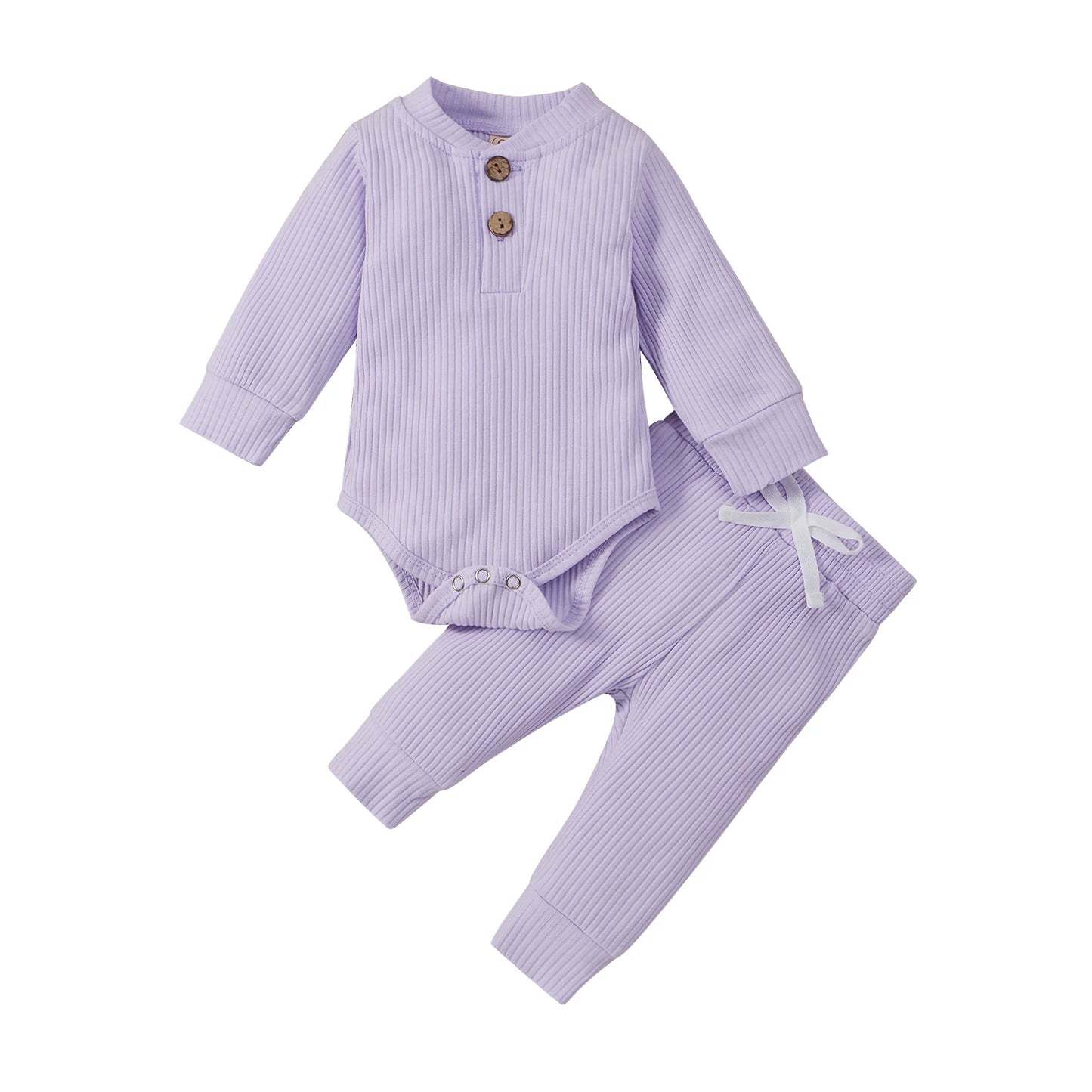 Infant Newborn Baby Girl Boy Spring Autumn Ribbed/Plaid Solid Clothes Sets Long Sleeve Bodysuits + Elastic Pants 2Pcs Outfits-Bella’s Baby Boutique