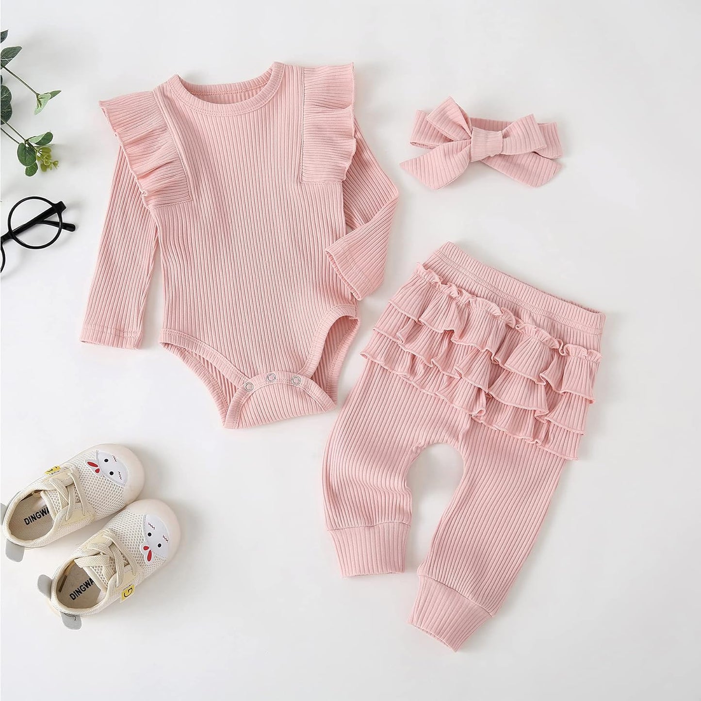 Baby Girl'S 3Pc Rib Frill Long Sleeve Romper and Pant Set-Bella’s Baby Boutique
