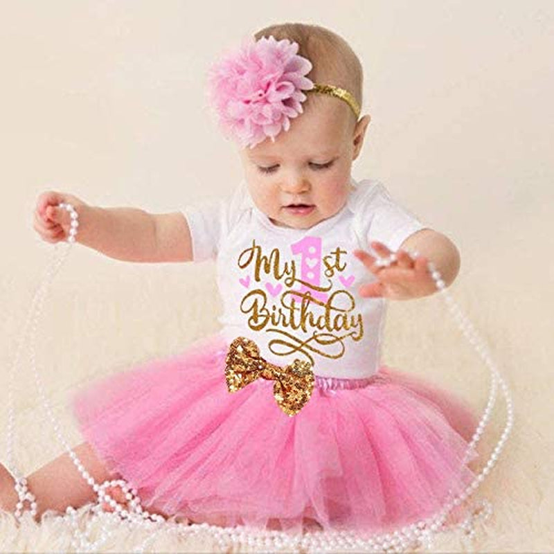 Baby Girl Birthday Cake Smash Outfit Toddler Girl My 1St Birthday Romper Tutu Skirt with Headband Clothes Set-Bella’s Baby Boutique