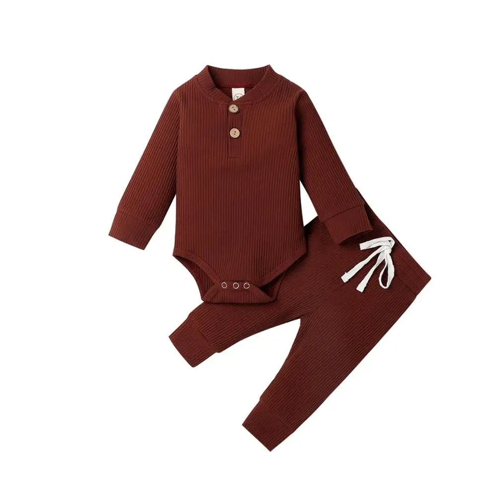 Infant Newborn Baby Girl Boy Spring Autumn Ribbed/Plaid Solid Clothes Sets Long Sleeve Bodysuits + Elastic Pants 2Pcs Outfits-Bella’s Baby Boutique