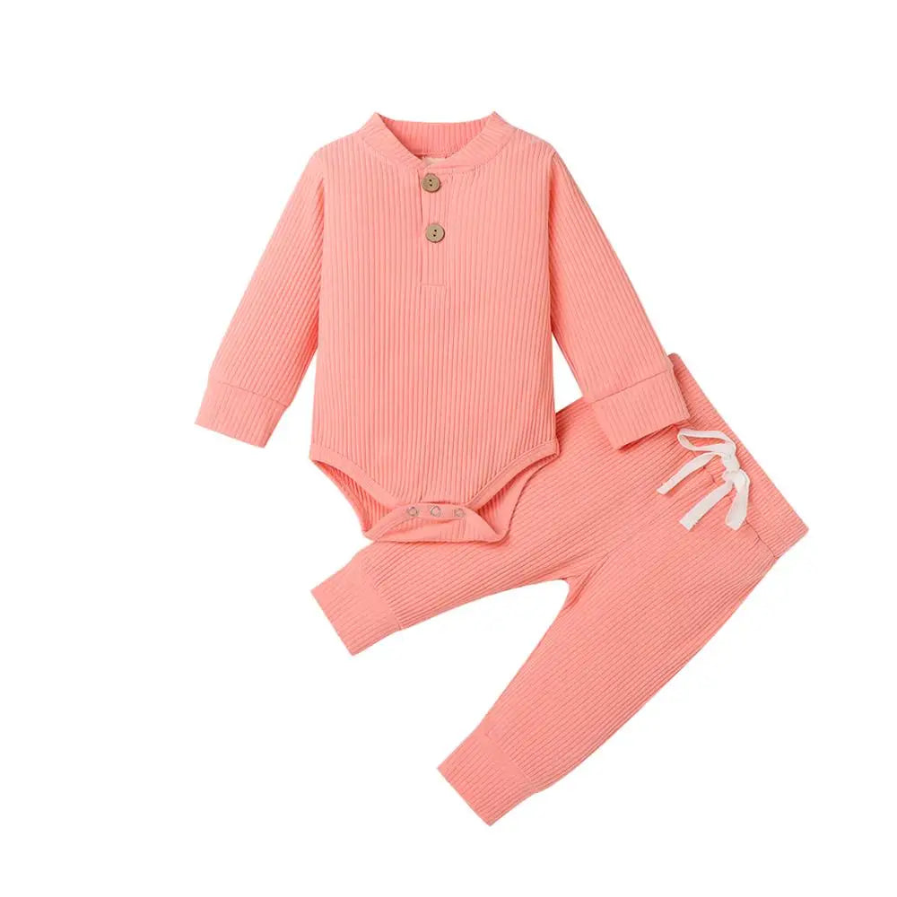 Infant Newborn Baby Girl Boy Spring Autumn Ribbed/Plaid Solid Clothes Sets Long Sleeve Bodysuits + Elastic Pants 2Pcs Outfits-Bella’s Baby Boutique