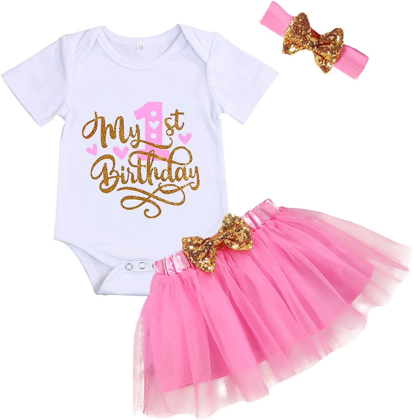 Baby Girl Birthday Cake Smash Outfit Toddler Girl My 1St Birthday Romper Tutu Skirt with Headband Clothes Set-Bella’s Baby Boutique