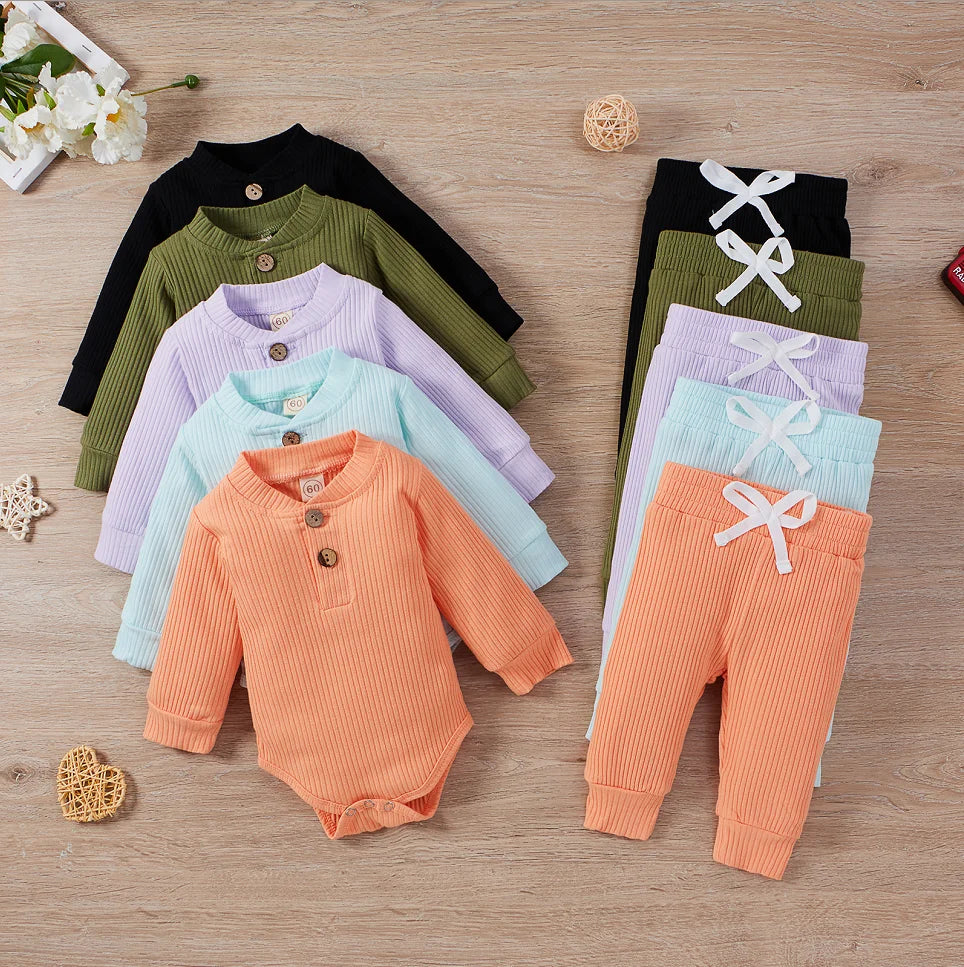 Infant Newborn Baby Girl Boy Spring Autumn Ribbed/Plaid Solid Clothes Sets Long Sleeve Bodysuits + Elastic Pants 2Pcs Outfits-Bella’s Baby Boutique
