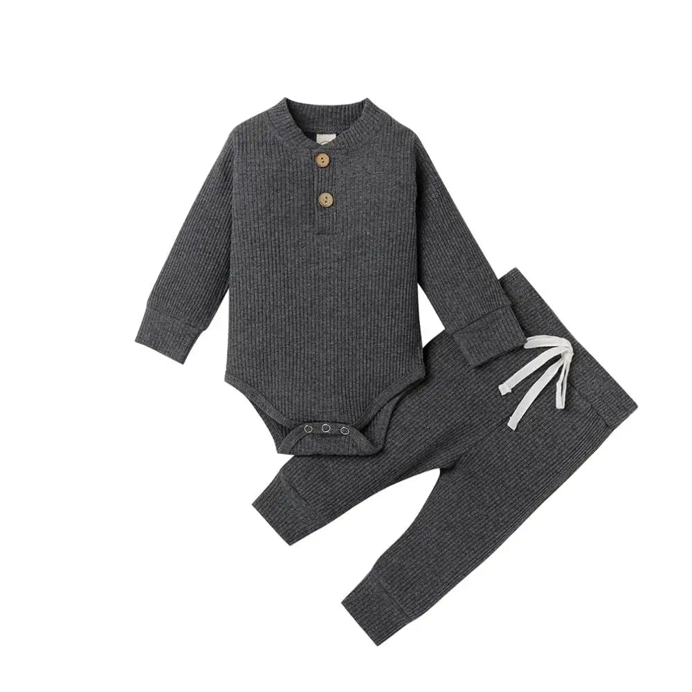 Infant Newborn Baby Girl Boy Spring Autumn Ribbed/Plaid Solid Clothes Sets Long Sleeve Bodysuits + Elastic Pants 2Pcs Outfits-Bella’s Baby Boutique