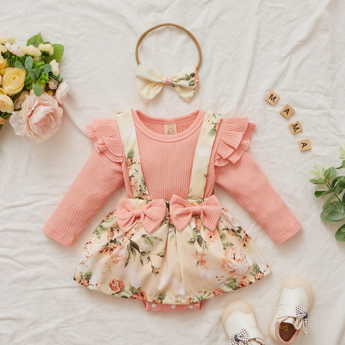 Newborn Infant Baby Girl Ruffle Long Sleeve Ribbed T-Shirt Top Floral Suspender Shorts Headband Winter Clothes-Bella’s Baby Boutique