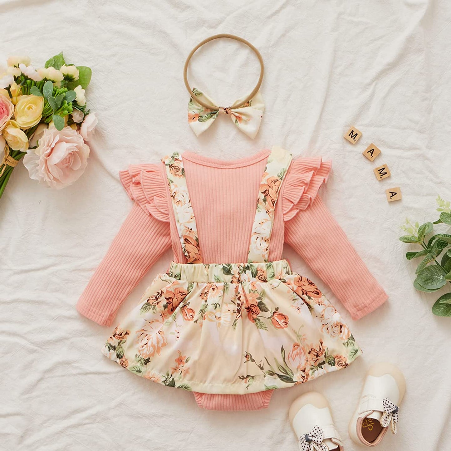 Newborn Infant Baby Girl Ruffle Long Sleeve Ribbed T-Shirt Top Floral Suspender Shorts Headband Winter Clothes-Bella’s Baby Boutique