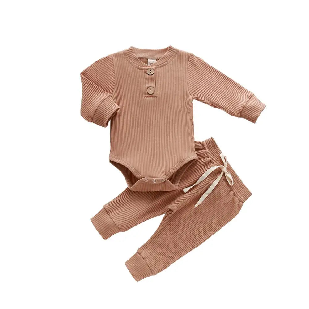 Infant Newborn Baby Girl Boy Spring Autumn Ribbed/Plaid Solid Clothes Sets Long Sleeve Bodysuits + Elastic Pants 2Pcs Outfits-Bella’s Baby Boutique