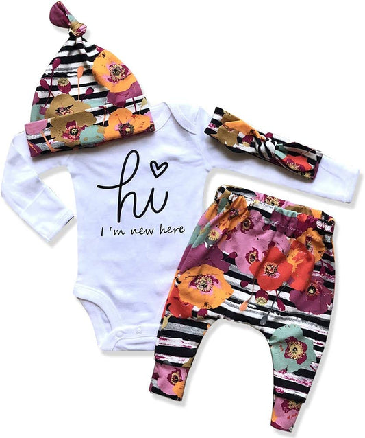 Newborn Baby Girl Clothes Im New Here Infant Newborn Outfit Cute Toddler Baby Girl Outfits 4PC Set-Bella’s Baby Boutique
