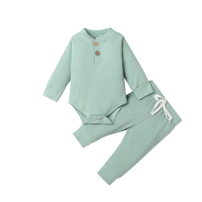 Infant Newborn Baby Girl Boy Spring Autumn Ribbed/Plaid Solid Clothes Sets Long Sleeve Bodysuits + Elastic Pants 2Pcs Outfits-Bella’s Baby Boutique