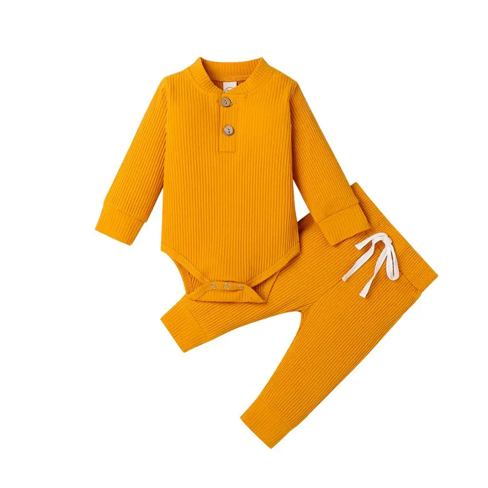 Infant Newborn Baby Girl Boy Spring Autumn Ribbed/Plaid Solid Clothes Sets Long Sleeve Bodysuits + Elastic Pants 2Pcs Outfits-Bella’s Baby Boutique