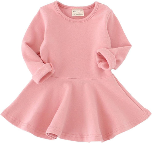 Toddler Baby Girls Long Sleeve Cotton Dress Solid Ruffle Tops-Bella’s Baby Boutique