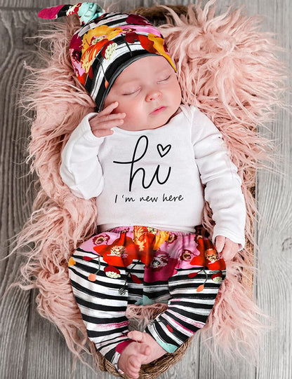 Newborn Baby Girl Clothes Im New Here Infant Newborn Outfit Cute Toddler Baby Girl Outfits 4PC Set-Bella’s Baby Boutique