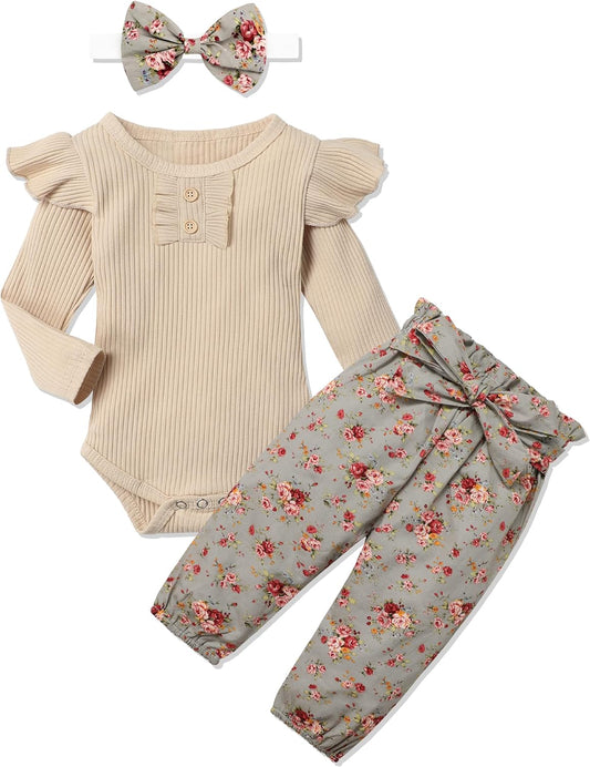 Baby Girls Clothes Cute Baby Clothes Girls Romper + Pant 3Pcs Winter Outfit Newborn Light Brown…-Bella’s Baby Boutique