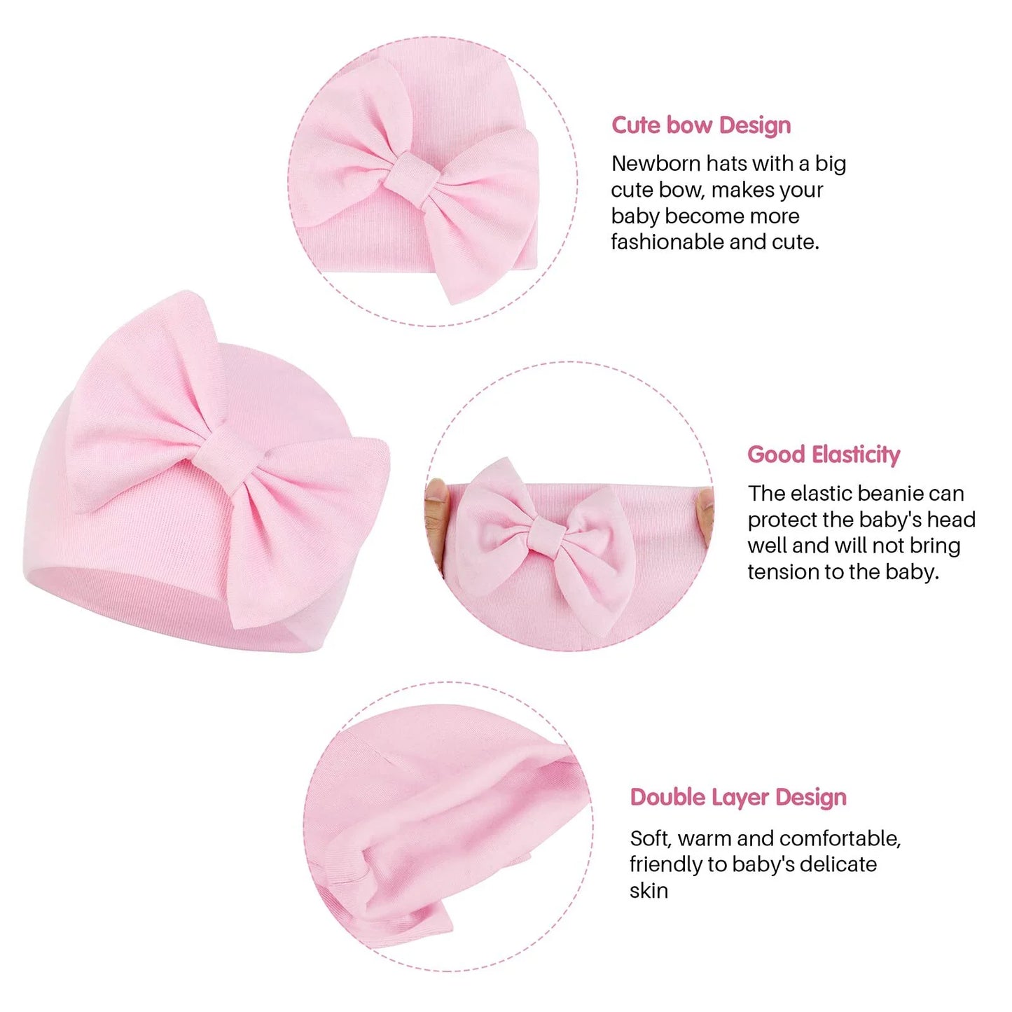 Durable Breathable Elastic Super Soft Infant Hat, Pink White Purple, 3-Piece-Bella’s Baby Boutique