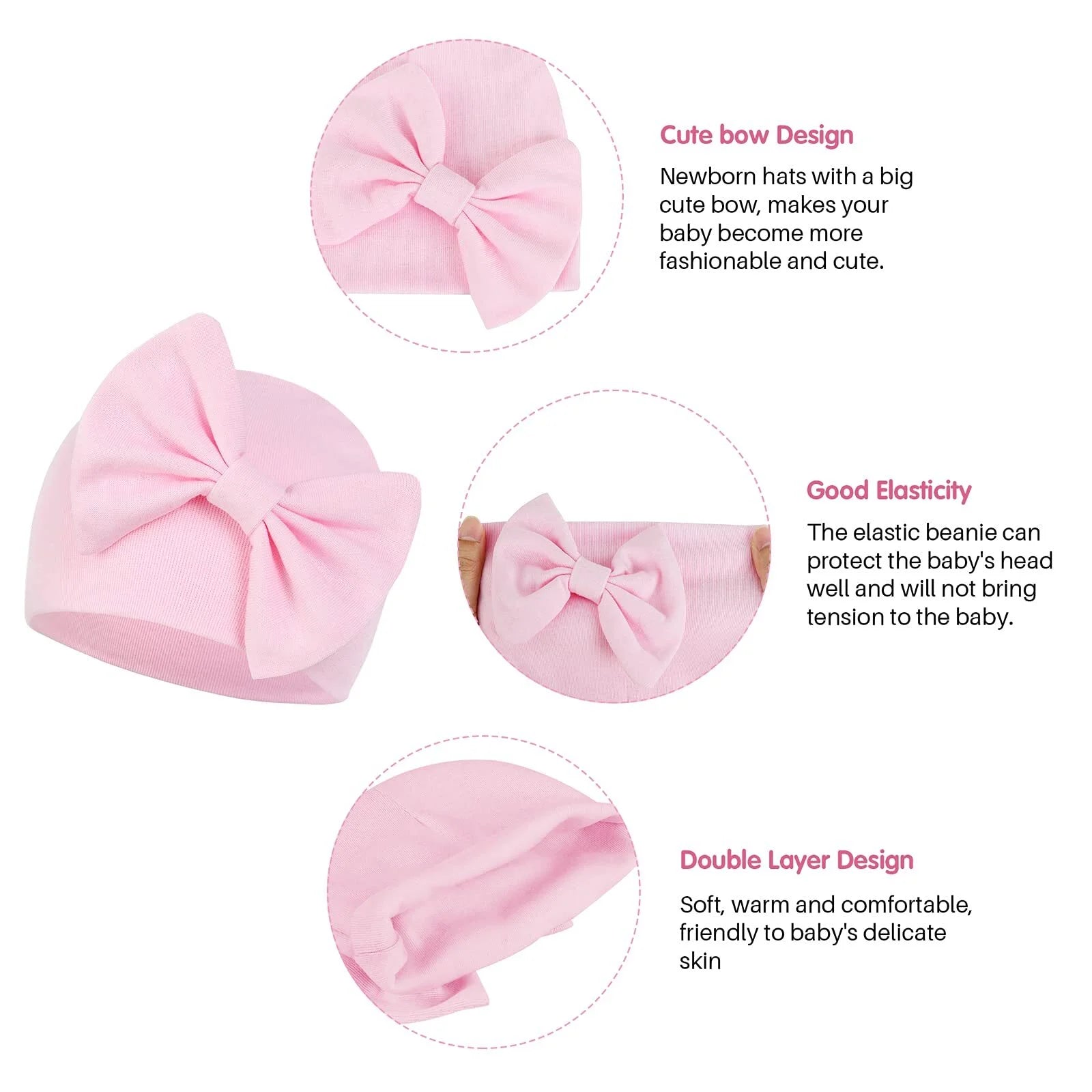 Durable Breathable Elastic Super Soft Infant Hat, Pink White Purple, 3-Piece-Bella’s Baby Boutique