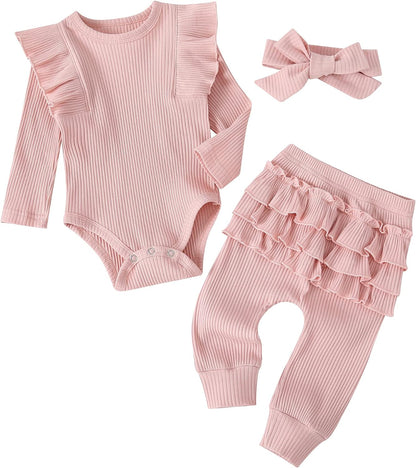 Baby Girl'S 3Pc Rib Frill Long Sleeve Romper and Pant Set-Bella’s Baby Boutique