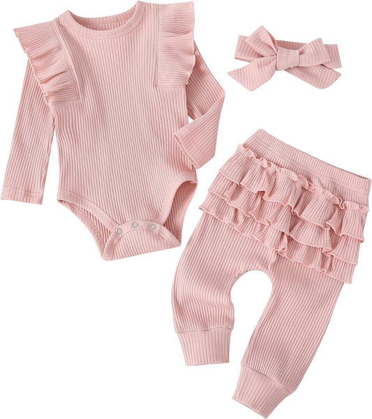 Baby Girl'S 3Pc Rib Frill Long Sleeve Romper and Pant Set-Bella’s Baby Boutique