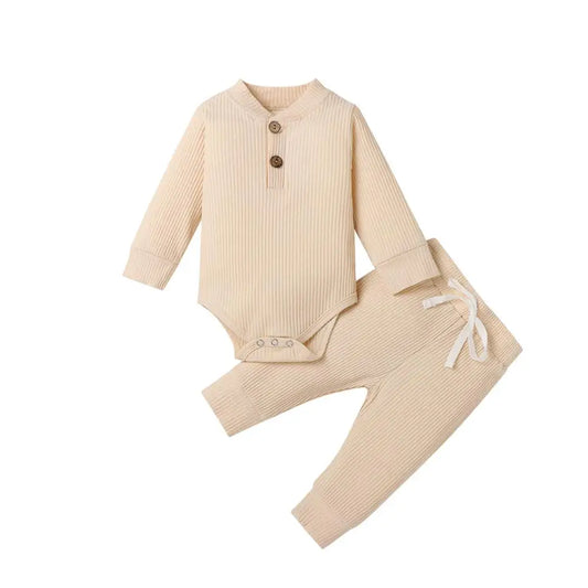 Infant Newborn Baby Girl Boy Spring Autumn Ribbed/Plaid Solid Clothes Sets Long Sleeve Bodysuits + Elastic Pants 2Pcs Outfits-Bella’s Baby Boutique