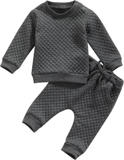 Newborn Baby Boy Girl Clothes Diamond Lattice Unisex Solid Outfit Long Sleeve Warm Pullover Pant Set-Bella’s Baby Boutique
