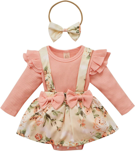 Newborn Infant Baby Girl Ruffle Long Sleeve Ribbed T-Shirt Top Floral Suspender Shorts Headband Winter Clothes-Bella’s Baby Boutique