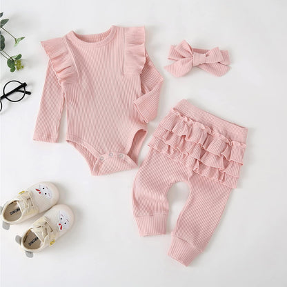 Baby Girl'S 3Pc Rib Frill Long Sleeve Romper and Pant Set-Bella’s Baby Boutique