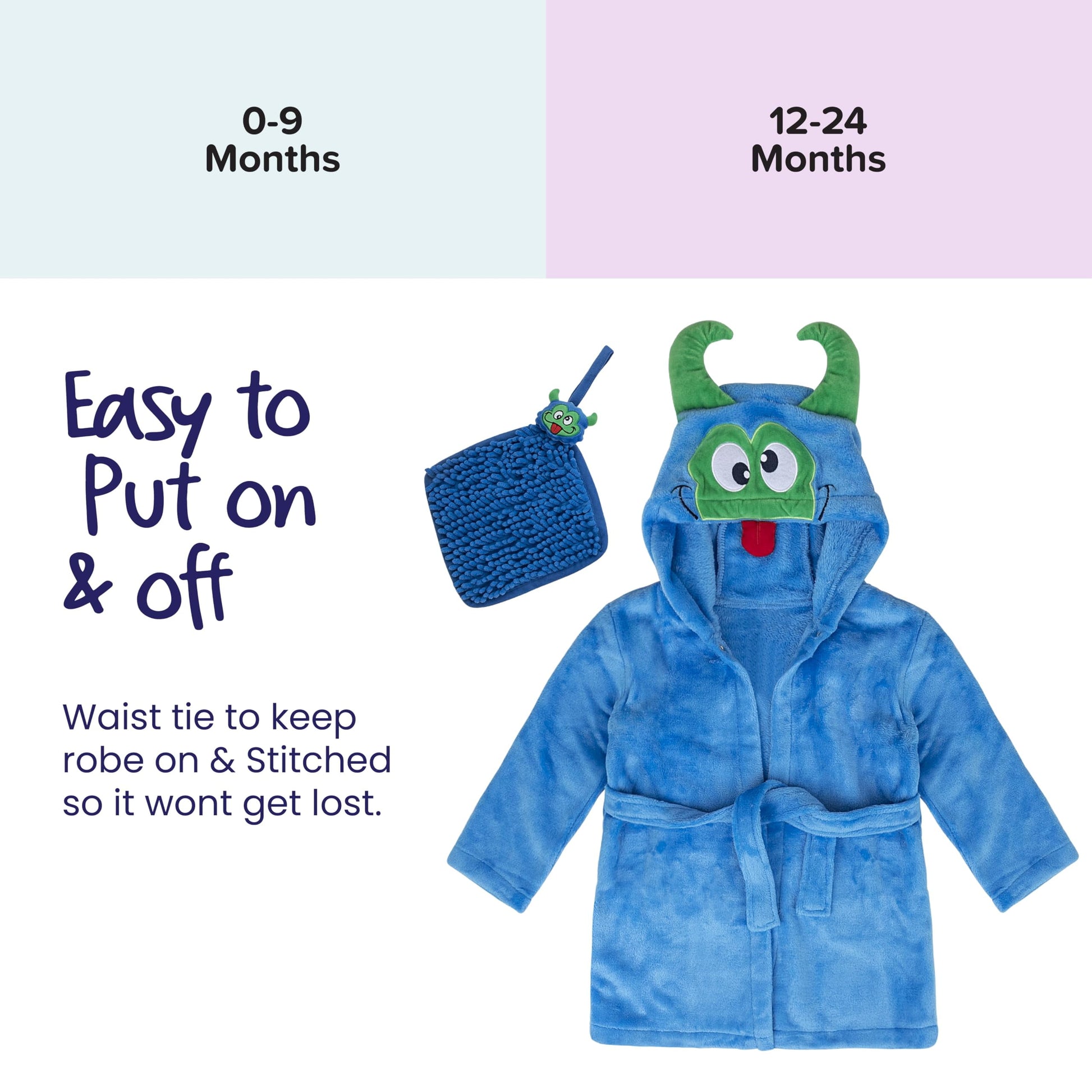 Baby Boy Robe - Soft Plush Bath Towel Robe Spa Set - Baby Bathrobe Towel & Baby Washcloth for Boys - Baby Robe Set 12 - 24 Months (Monster)-Bella’s Baby Boutique