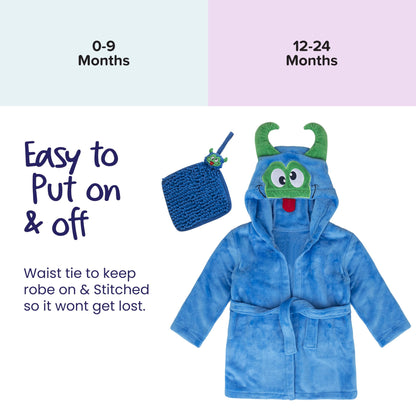 Baby Boy Robe - Soft Plush Bath Towel Robe Spa Set - Baby Bathrobe Towel & Baby Washcloth for Boys - Baby Robe Set 12 - 24 Months (Monster)-Bella’s Baby Boutique