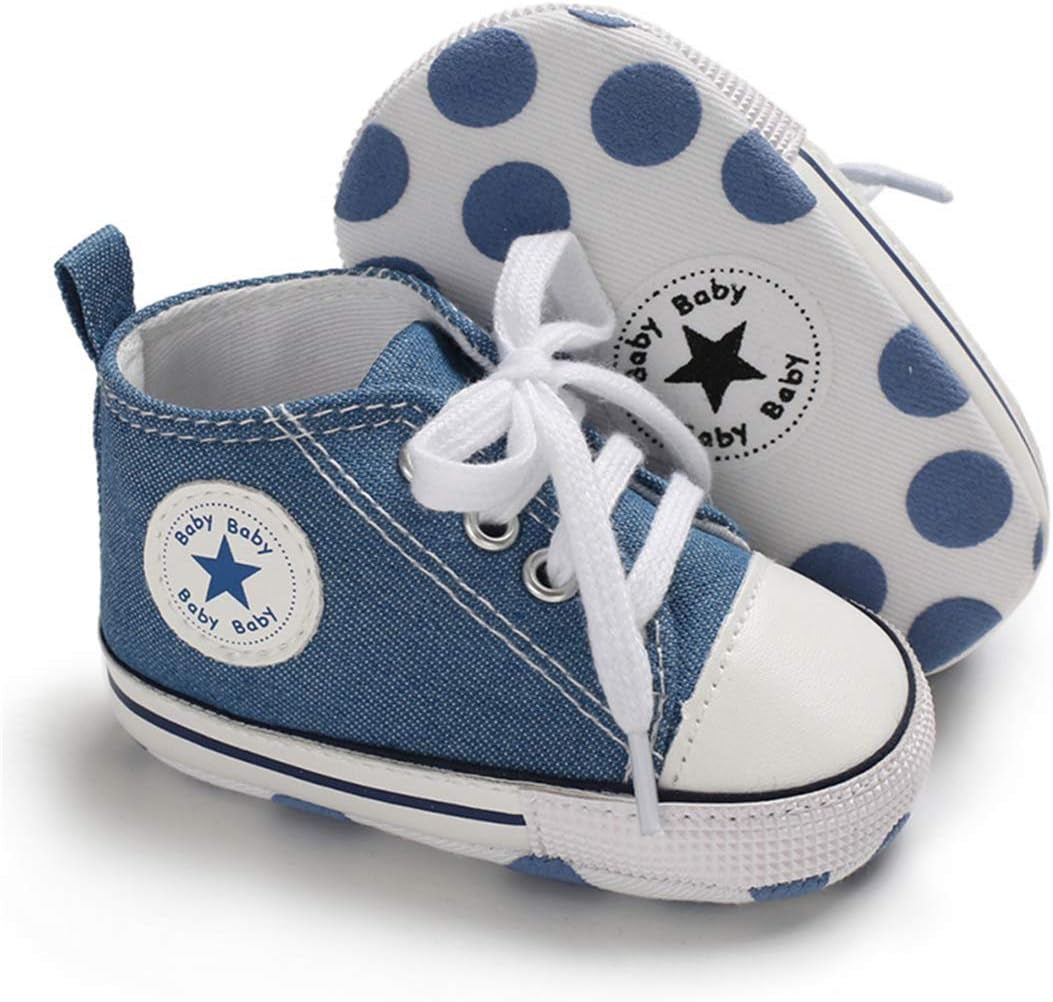 Unisex Baby Boys Girls High Top Sneaker Soft Anti-Slip Sole Newborn Infant First Walkers Canvas Denim Shoes-Bella’s Baby Boutique