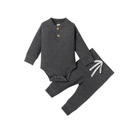 Infant Newborn Baby Girl Boy Spring Autumn Ribbed/Plaid Solid Clothes Sets Long Sleeve Bodysuits + Elastic Pants 2Pcs Outfits-Bella’s Baby Boutique