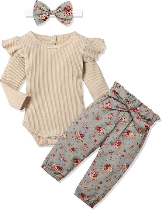 Baby Girls Clothes Cute Baby Clothes Girls Romper + Pant 3Pcs Winter Outfit Newborn Light Brown-Bella’s Baby Boutique