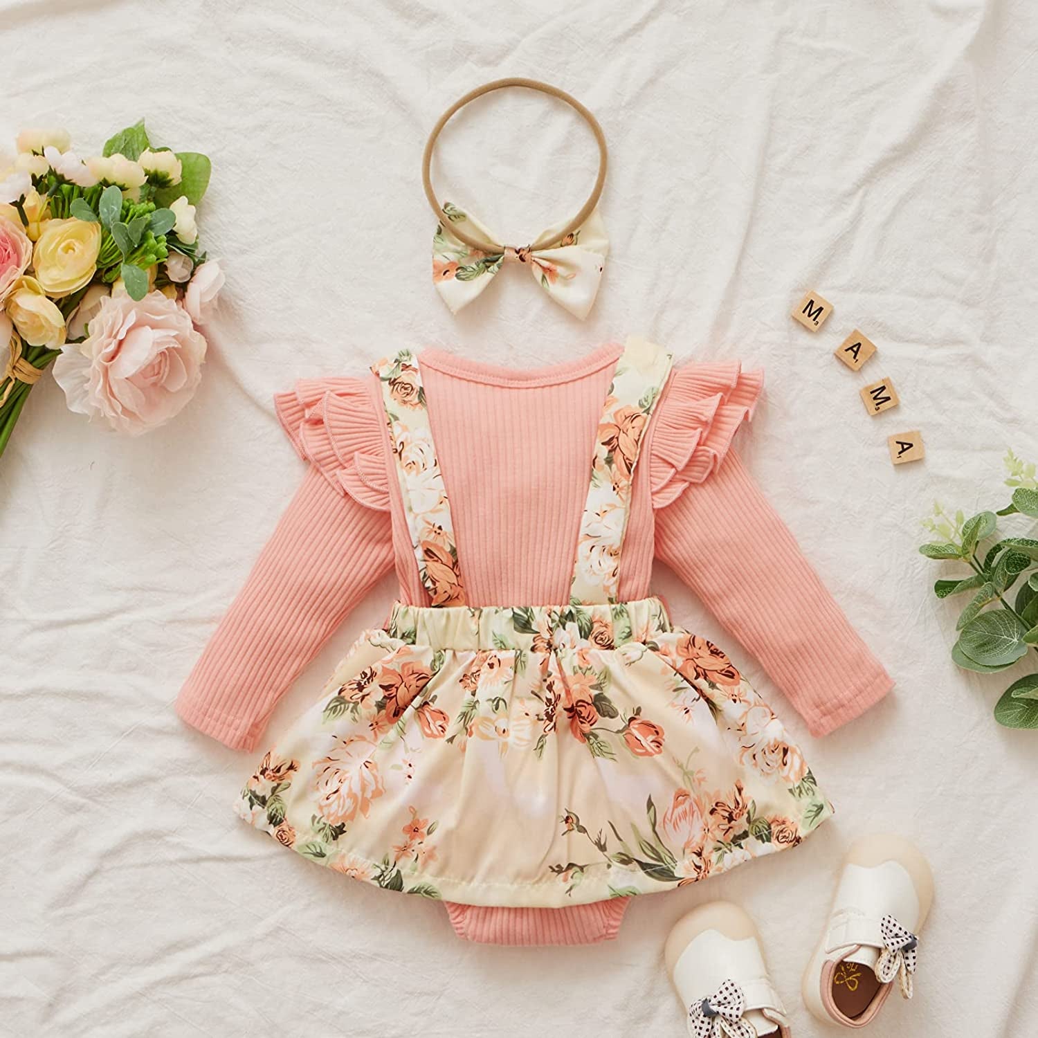 Newborn Infant Baby Girl Ruffle Long Sleeve Ribbed T-Shirt Top Floral Suspender Shorts Headband Winter Clothes-Bella’s Baby Boutique