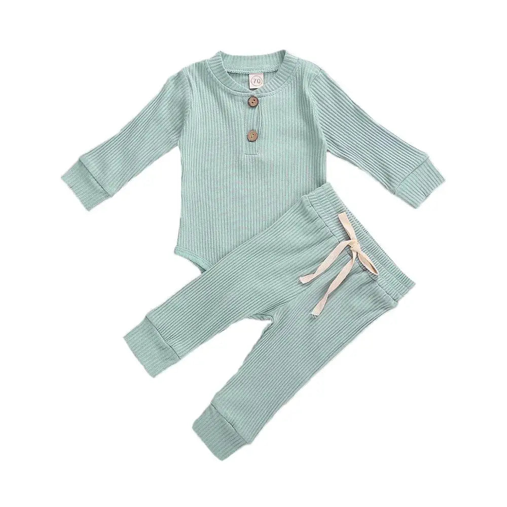 Infant Newborn Baby Girl Boy Spring Autumn Ribbed/Plaid Solid Clothes Sets Long Sleeve Bodysuits + Elastic Pants 2Pcs Outfits-Bella’s Baby Boutique