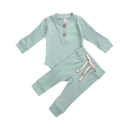 Infant Newborn Baby Girl Boy Spring Autumn Ribbed/Plaid Solid Clothes Sets Long Sleeve Bodysuits + Elastic Pants 2Pcs Outfits-Bella’s Baby Boutique