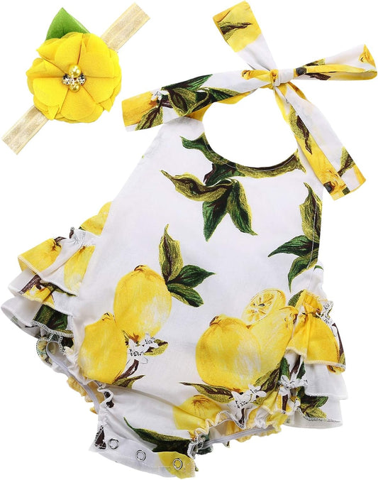 Baby Girl'S Floral Print Ruffles Romper Summer Clothes with Headband-Bella’s Baby Boutique